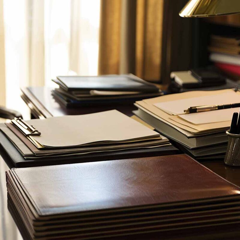 Dossiers posés sur le bureau d'un avocat en droit administratif