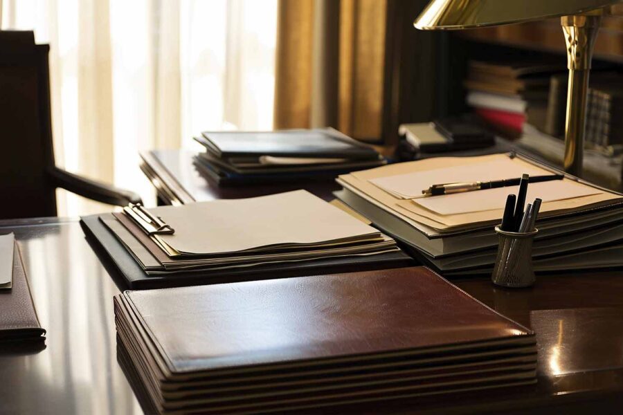 Dossiers posés sur le bureau d'un avocat en droit administratif