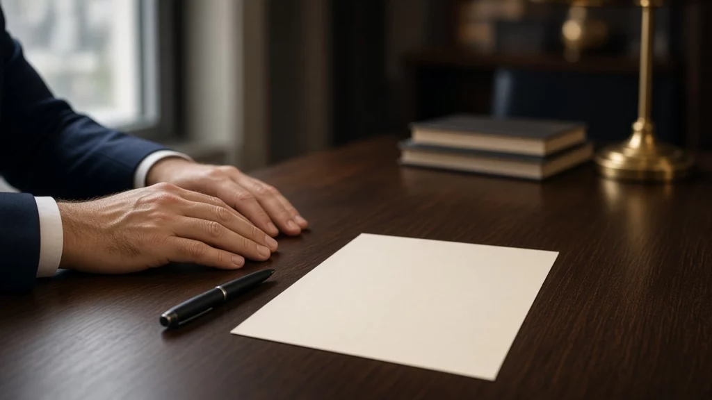 Mains sur un bureau, feuille blanche et stylo, sans écriture