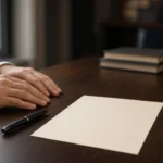 Mains sur un bureau, feuille blanche et stylo, sans écriture