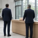 Homme de dos au guichet d'un office des poursuites, une enveloppe remise par l'employé