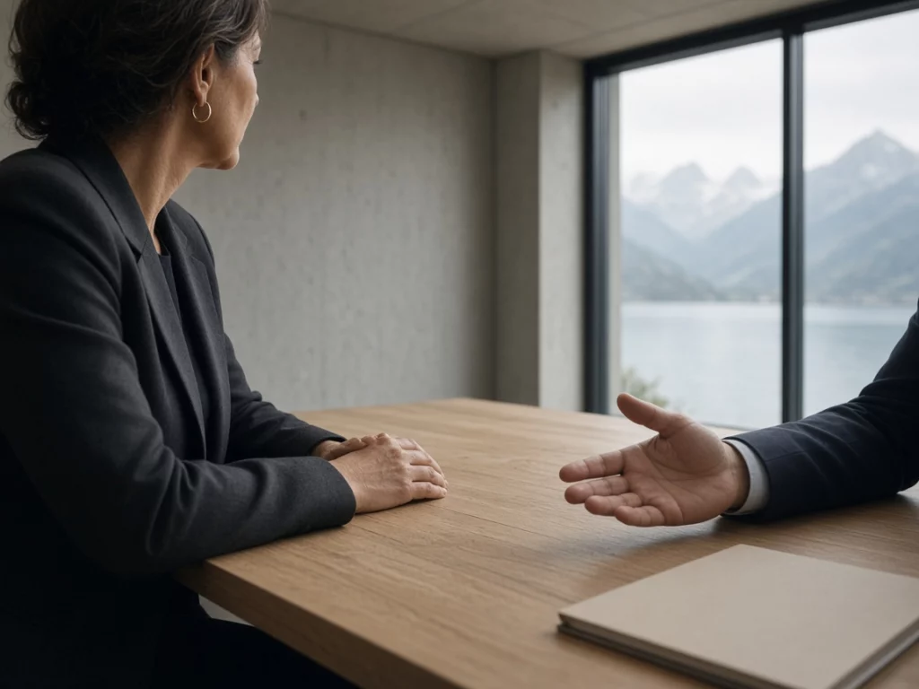 Femme de profil en entretien avec un conseiller, main tendue au-dessus d'une table en bois, vue sur un lac suisse