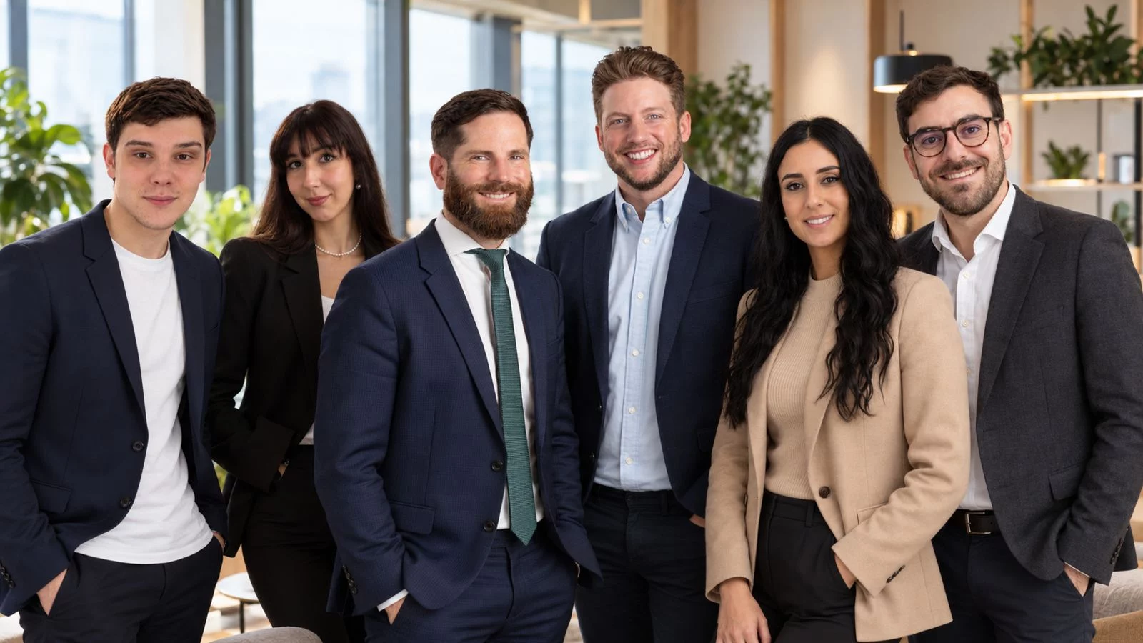 L'équipe JuriUp dans ses bureaux : Justin Cappelle, Mélissa Küsne, Me Sébastien Bossel, Romain Bossel, Mélanie Imperiale et Adrien Corvers
